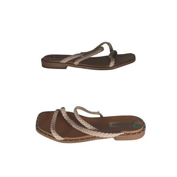 Steve Madden Shoes - Steve Madden Braided Strappy Sandals 8 Tan Ivory Studded Square Toe Boho Chic